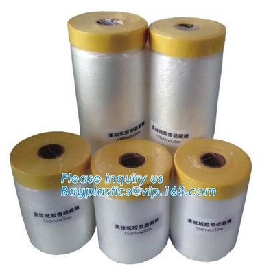 Disposable PE Pre-Taped Self Static Cling Masking Film, Cover Mask Plastic Drop Film PE Protection Film With Tape