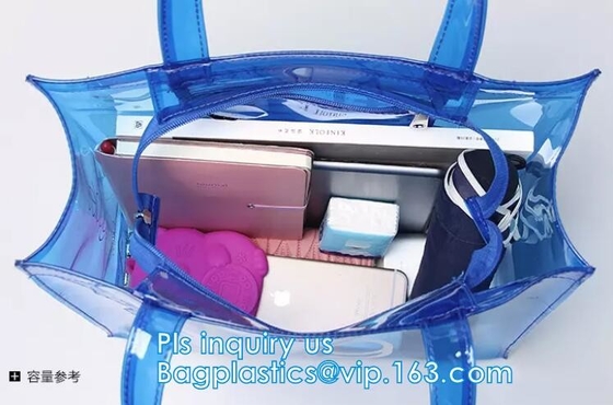 подгонянный pvc ручки ясный пластиковый составляет сумку, сумки молнии pvc винила с ручками, щелчковое закрытие кнопки или plas k