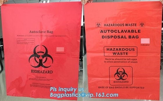 сумки красного цвета biohazard устранимые пластиковые медицинские, Biohazard автоклава кладут медицинские устранимые полиэтиленовые пакеты в мешки, bagease