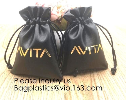 Черная сумка мешка Drawstring Pu кожаная для наушника ювелирных изделий, Drawstring хранения электроники Graven заклеймленного мягкая кожа PU