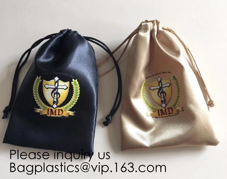 Золото печатания полного цвета и черная сумка Drawstring сатинировки, серебряная сумка Drawstring сатинировки с широкой лентой, пакетом волос девственницы