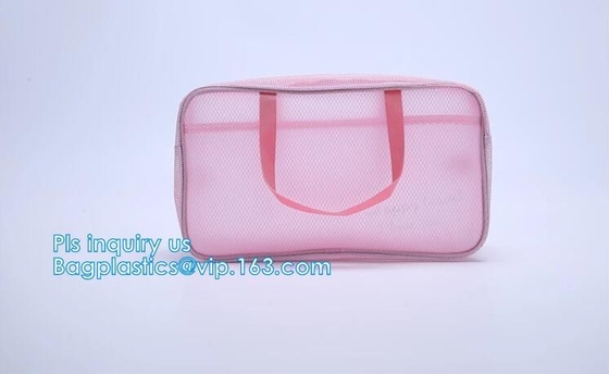 Embroidery Logo black nylon mesh cosmetic bag with zipper, mesh net zipper cosmetic makeup bag with custom logo, Women M