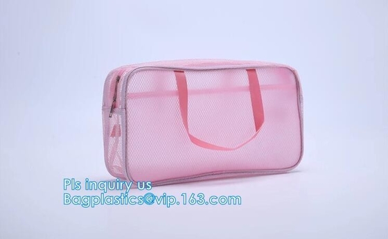 Embroidery Logo black nylon mesh cosmetic bag with zipper, mesh net zipper cosmetic makeup bag with custom logo, Women M