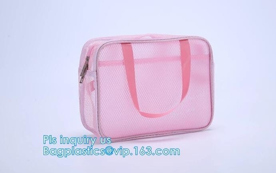 Embroidery Logo black nylon mesh cosmetic bag with zipper, mesh net zipper cosmetic makeup bag with custom logo, Women M