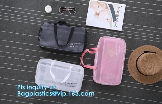 Embroidery Logo black nylon mesh cosmetic bag with zipper, mesh net zipper cosmetic makeup bag with custom logo, Women M