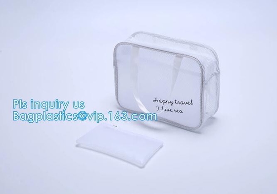 Embroidery Logo black nylon mesh cosmetic bag with zipper, mesh net zipper cosmetic makeup bag with custom logo, Women M
