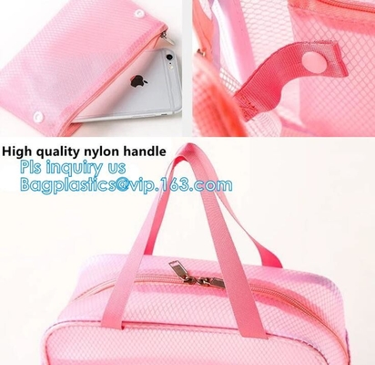 Embroidery Logo black nylon mesh cosmetic bag with zipper, mesh net zipper cosmetic makeup bag with custom logo, Women M