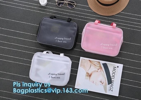 Embroidery Logo black nylon mesh cosmetic bag with zipper, mesh net zipper cosmetic makeup bag with custom logo, Women M